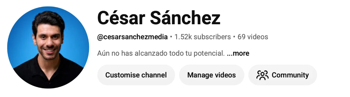Captura del canal de YouTube @cesarsanchezmedia mostrando 1,52 mil suscriptores y 69 vídeos